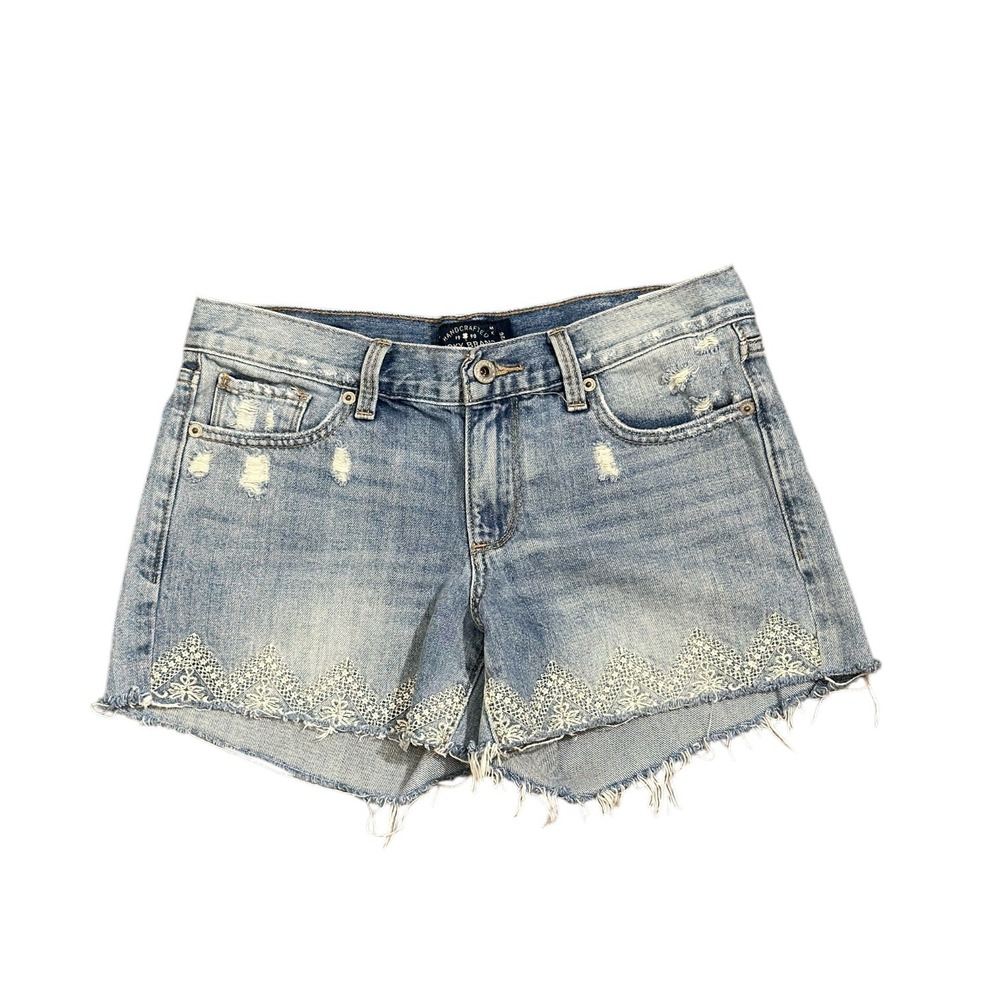 Lucky Brand The Cut Off Light Wash Distressed Crochet Lace Denim Shorts SZ 2/26
